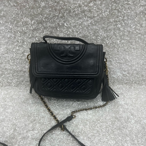 Tory Burch Fleming Satchel Black Convertible Quilted Hand Bag
